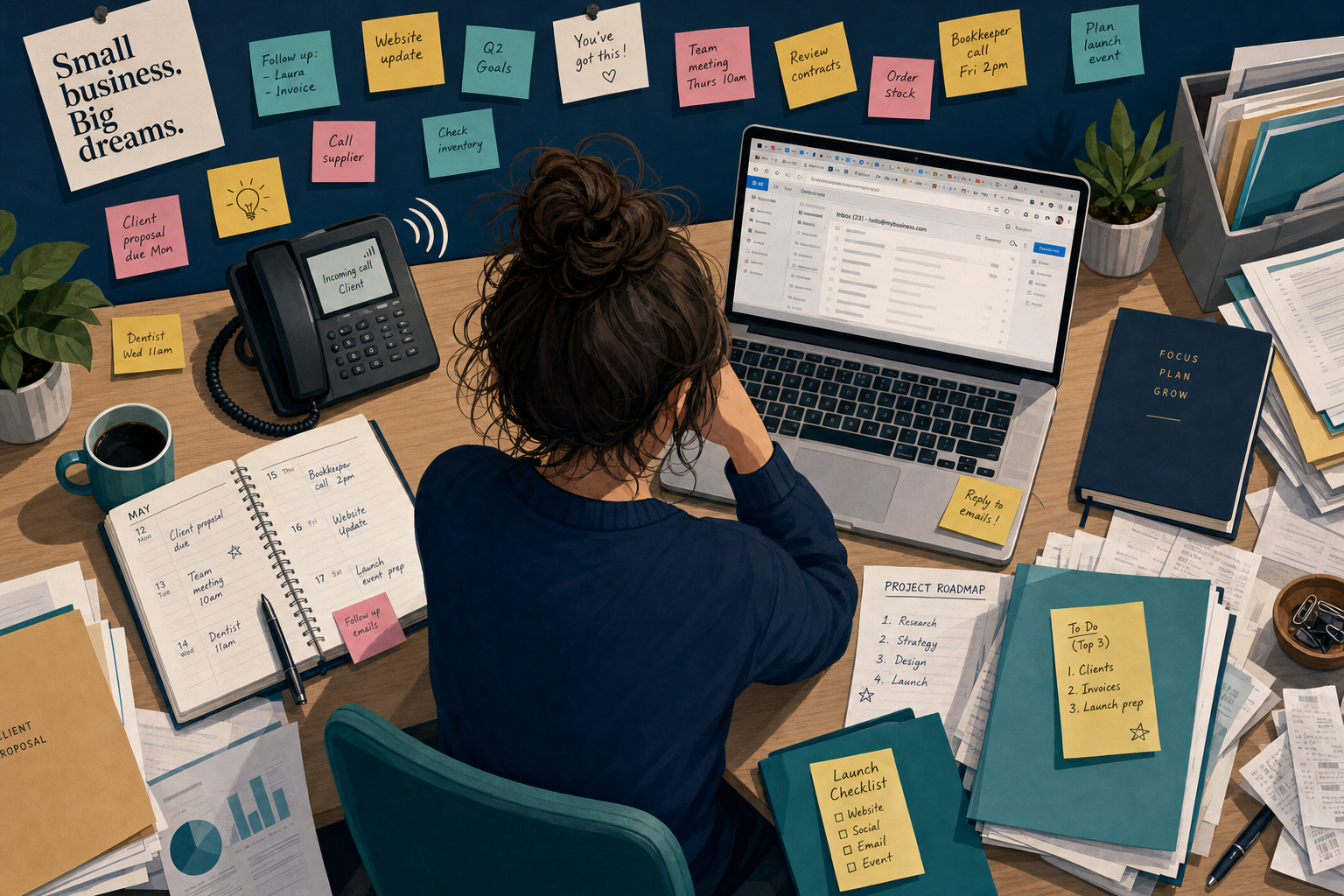 A small-business owner buried under sticky notes, calendars, and inbox chaos — trying to hold everything in their head.