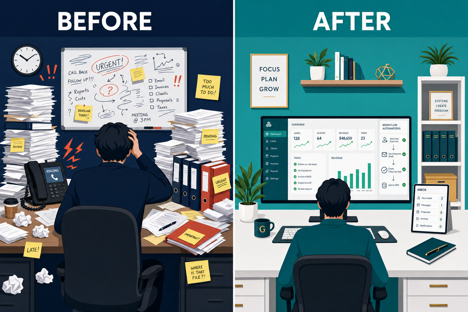 Before: an overwhelmed owner buried in paper and sticky notes. After: a calm dashboard doing the work for them.